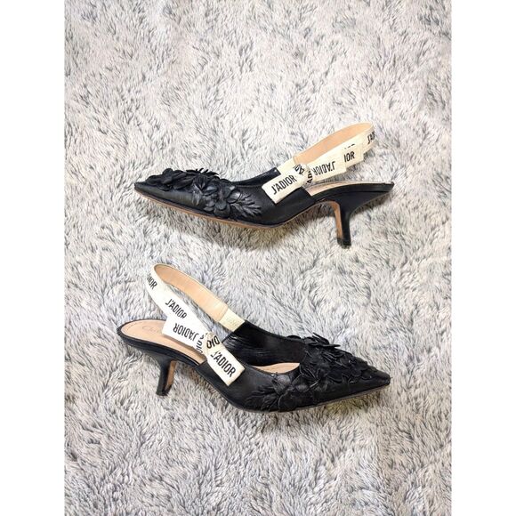 Dior J'Adior Slingback Pumps Bow Black Floral Leather Applique Size 37 - Picture 2 of 13